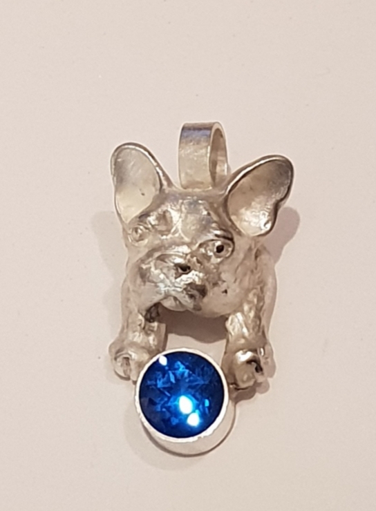 Französische Bulldogge Anhänger mit Glasaugen 925 Sterling Silber